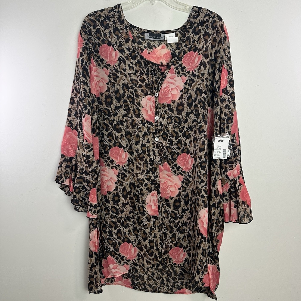 MAGGIE BARNES Womens 20W Two-fer Tunic Tank  Animal Print Floral Ruffle Sleeve